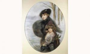 BISOU François Victor 1800-1800,portrait d'une élégante avec sa petite fille su,Versailles Enchères 2001-04-08