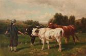 BISPHAM Henry Collins 1841-1882,Young Girl Feeding Cows,1880,John Moran Auctioneers US 2022-05-10