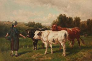 BISPHAM Henry Collins 1841-1882,Young girl feeding cows,1880,John Moran Auctioneers US 2023-05-09