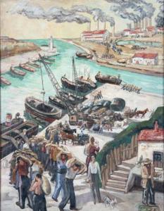 BIZET Andrée 1888-1970,Hafenszene, Männer beim Entladen von Booten, im Hi,DAWO Auktionen 2008-11-27