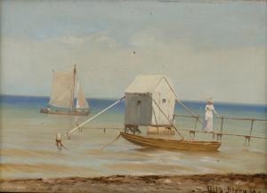 BJORN Christian Aleth,Sommerliche Strandszene mit Steghaus und Frau,1887,Galerie Bassenge 2021-06-11