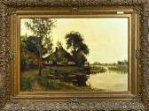 BLACK Arie Johannes,Polder view with farm and farmer in rowing boat,Twents Veilinghuis 2024-01-11