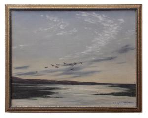BLACK Geoffrey Campbell 1925,Geese in flight over an estuary at dusk,1950,Keys GB 2019-02-08
