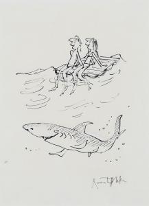 Blake Quentin Saxby,2 people relaxing on a raft with a shark circling ,Dreweatts GB 2017-07-13