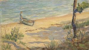 BLAKELY DUDLEY MOORE 1902-1982,A woman standing beside a beached rowboat,Eldred's US 2014-04-05