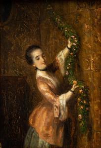 BLES David Joseph 1821-1899,A lady decorating a room with flower garlands,Venduehuis NL 2023-05-25