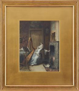 BLES David Joseph 1821-1899,Harpspelande kvinna värmer händer,Uppsala Auction SE 2023-03-14