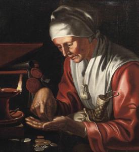 BLOEMAERT Hendrick 1601-1672,An old lady seated at a table counting money,Christie's GB 2011-06-21