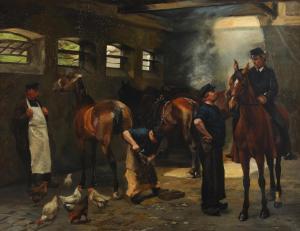 BLOM Gustav Vilhelm,The horses getting shoes on at the blacksmith,Bruun Rasmussen 2024-03-11