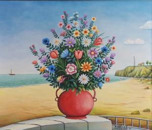 BLONDEL Emile 1893-1970,Vase de fleurs des champs devant le rivage,1960,Ruellan FR 2023-02-25