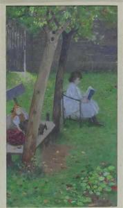 BLOS Carl 1860-1941,Lesendes Kind im Stuhl, daneben an der Bank die Puppe,Georg Rehm DE 2019-04-11
