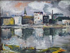Bluno Leon,River scene with buildings and figures,Wotton GB 2019-09-17