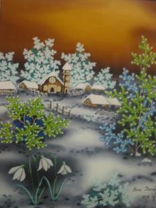 Bocak Ana 1931,Village avec église sous la neige avec perce-neige,1978,Dogny Auction CH 2009-12-15