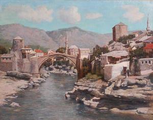 BOCARIÉ Spiro 1878-1941,The Old Bridge in Mostar, Bosnia,1909,Lacy Scott & Knight GB 2021-12-11