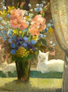 BOCCALATTE Fiorenza 1900-1976,Vaso di fiori e gattini bianchi,1938,Sant'Agostino IT 2019-12-16