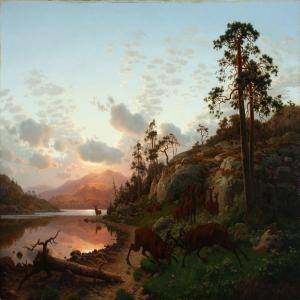 BOEGH Carl Henrik 1827-1893,Mountainscape with deer in heat, sunset,1883,Bruun Rasmussen 2016-01-18