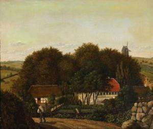 BOESEN August Vilhelm,Landscape with a farmhouse and a peddler on the ro,Bruun Rasmussen 2021-08-16