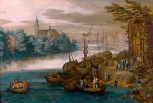 BOETS Johann Hans 1635-1671,Embarcadère devant un village animé de nombreux pe,Tajan FR 2012-06-20