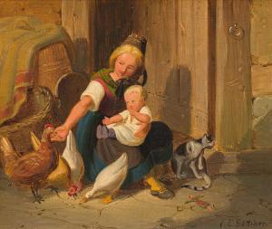 BOETTCHER Christian Eduard,Mother with child feeding the chickens,im Kinsky Auktionshaus 2021-07-06