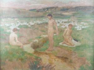 BOETTINGER Hugo 1880-1939,Boys bathing by a stream surrounded by gees,Bellmans Fine Art Auctioneers 2023-05-16
