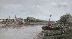 BOGAERD Herman,The river Scheldt in Baasrode with church and ferr,1887,Bernaerts 2016-06-14