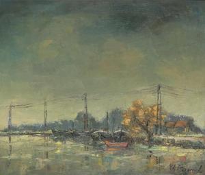 BOGAERT Theo 1850-1900,River landscape with moored boats,Bernaerts BE 2010-02-08