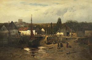 BOHM Alfred 1830-1895,Küstenstädtchen in der Normandie bei Ebbe,1873,Nagel DE 2020-03-18