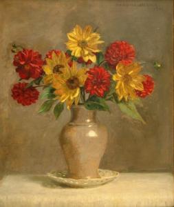 BOHNENBERGER Theodor 1868-1941,Floral still life with sunflower and red dahlias i,Van Ham 2007-07-05