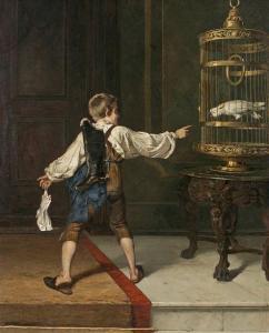 BOKELMANN Christian Ludwig,Enfant jouant avec un oiseau en cage,1875,Beaussant-Lefèvre 2020-10-23