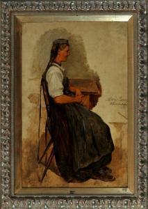 BOKER Carl 1836-1905,Sitzende junge Frau in Tracht - Ölskizze,Allgauer DE 2017-07-05