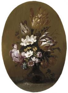 BOLLONGIER Hans,Parrot tulips, roses and other flowers in a glass ,1639,Christie's 2002-04-17