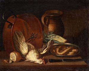 BOMAN Lars Henning 1720-1790,Still life with a hen, sausage, vegetables and ute,Bukowskis 2013-12-03