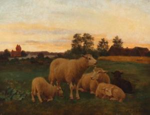 BOMUND Marius Madsen,Evening landscape with sheep and lambs in the fiel,Bruun Rasmussen 2018-04-30