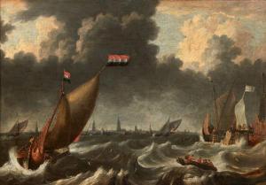 BONAVENTURE PEETERS 1614-1652,Navires devant la ville d'Amsterdam,Pierre Bergé & Associés 2020-12-17