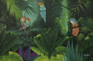 BONHOMME Albott 1963,Parakeets perched on branches in a rain forest,Rosebery's GB 2019-04-18
