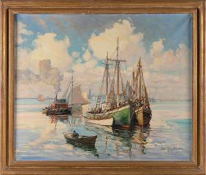 BONNAR James King 1885-1961,Busy channel with fishing boats and a tug,Eldred's US 2024-04-05