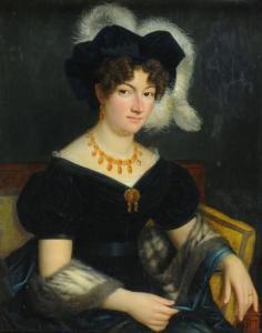 BONVOISIN Benoist Benjamin 1788-1860,Portrait d'une élégante au chapeau à pl,1825,Millon & Associés 2016-03-13