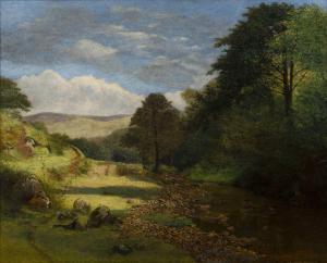 BOOTH Edward C 1821-1893,River landscape in Summer with lone traveller,1859,Mallams GB 2022-07-17