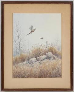 BOOTH Herb 1942-2014,pheasants taking flight over stone wall,South Bay US 2022-04-30