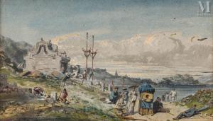 BORGET Auguste 1808-1877,Le repos des porteurs devant la baie de Macao,Millon & Associés 2024-03-21