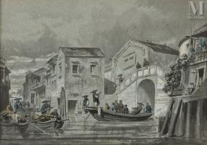 BORGET Auguste 1808-1877,Vue animée du canal de Hunan à Canton,Millon & Associés FR 2024-03-21