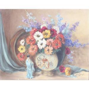 BORMAN Leonard,still life with garden bouquet and Asian motif,1940,Ripley Auctions 2019-11-16