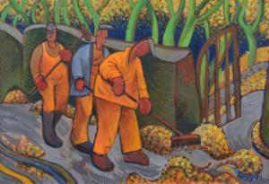 BORSKY Jiri 1945,Workmen sweeping leaves,1983,Peter Wilson GB 2022-10-06