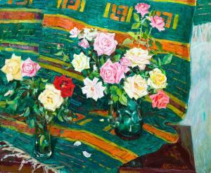 Bortnikov Nikolai Fedorovich 1916-1997,Roses on a green carpet,1981,Sovcom RU 2018-05-22