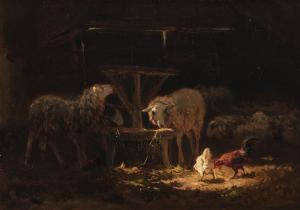 BOS Gerardus Johannes,Sheep, Rooster and Chicken in a Barn,AAG - Art & Antiques Group 2023-06-19