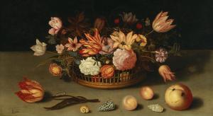 BOSSCHAERT Ambrosius I 1573-1621,Mixed flowers in a basket with fruit and shells i,Palais Dorotheum 2021-11-10