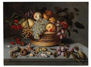 BOSSCHAERT Ambrosius II 1609-1645,A basket with fruit, mussels, a lizard and ,1630,Palais Dorotheum 2022-05-11