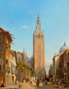BOSSUET Francois Antoine 1798-1889,Rue de la Giralda, Seville,Galerie Koller CH 2021-10-01