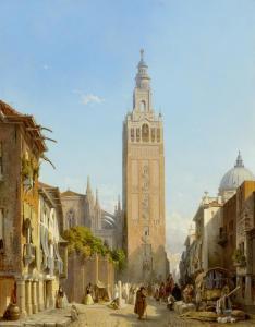 BOSSUET Francois Antoine 1798-1889,Rue de la Giralda, Seville,Galerie Koller CH 2023-03-31
