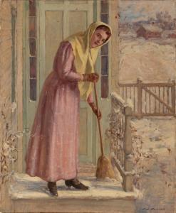 BOSTON Frederick James 1855-1932,A woman sweeping the stoop,Eldred's US 2023-02-03